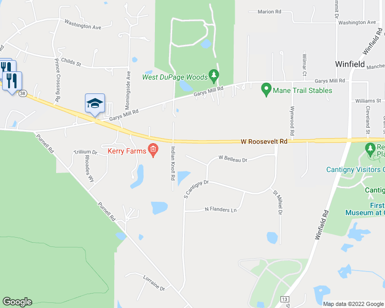 map of restaurants, bars, coffee shops, grocery stores, and more near 28W340 Picardy Court in Winfield