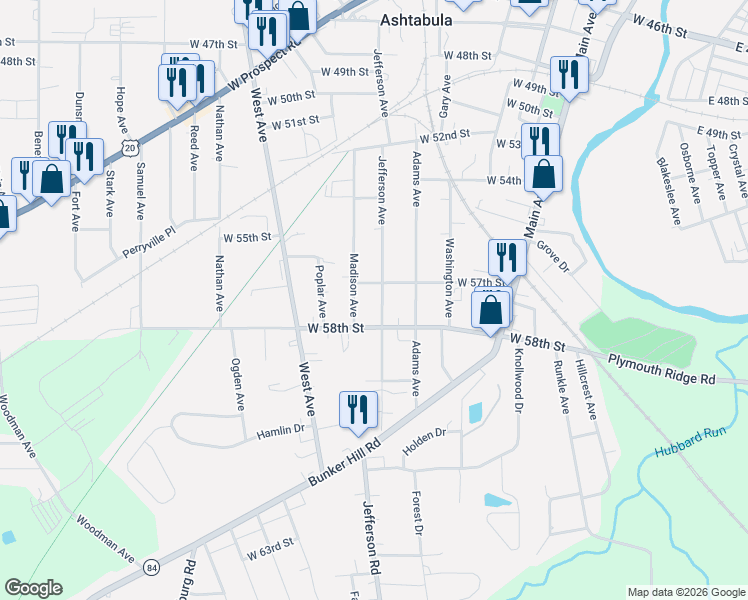 map of restaurants, bars, coffee shops, grocery stores, and more near 5721 Jefferson Avenue in Ashtabula