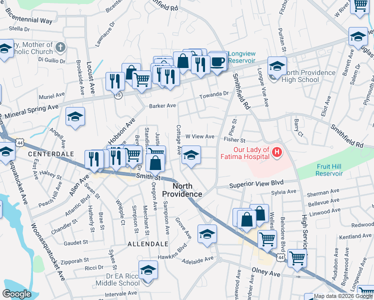 map of restaurants, bars, coffee shops, grocery stores, and more near 93 Cottage Avenue in North Providence