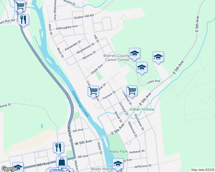 map of restaurants, bars, coffee shops, grocery stores, and more near 124 Frank Street in Warren