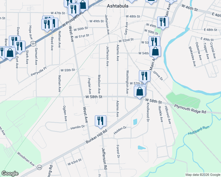 map of restaurants, bars, coffee shops, grocery stores, and more near 5721 Jefferson Avenue in Ashtabula
