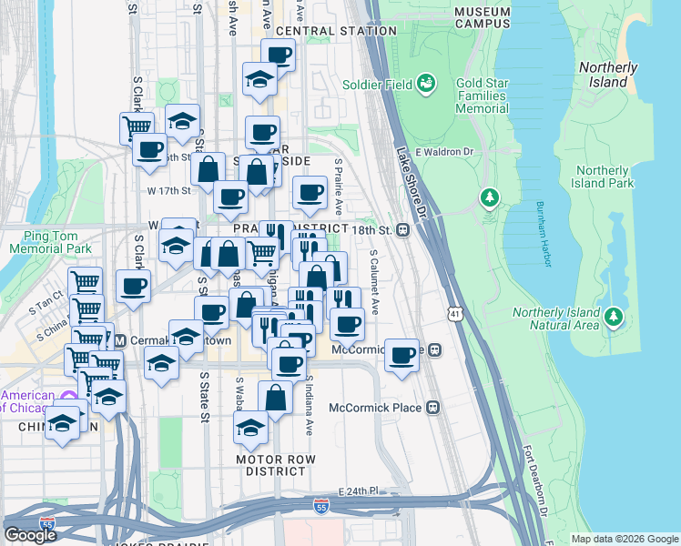 map of restaurants, bars, coffee shops, grocery stores, and more near 1952 South Prairie Avenue in Chicago