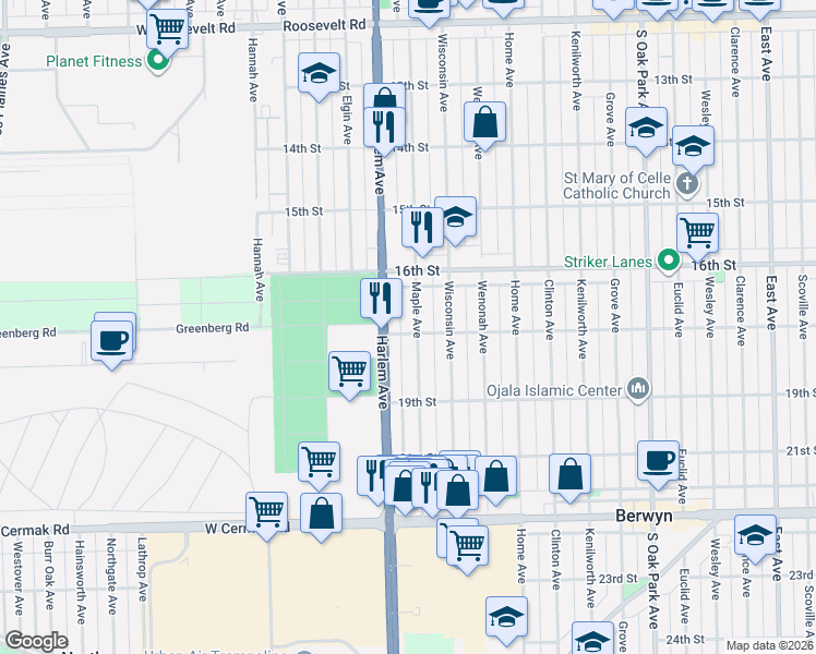 map of restaurants, bars, coffee shops, grocery stores, and more near 1645 Maple Avenue in Berwyn