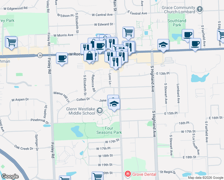 map of restaurants, bars, coffee shops, grocery stores, and more near 113 Collen Drive in Lombard