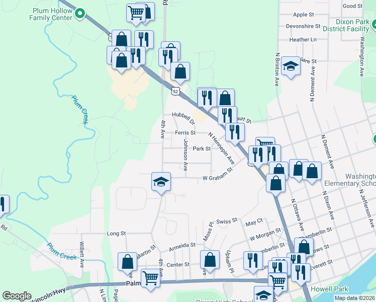 map of restaurants, bars, coffee shops, grocery stores, and more near 322 Park Street in Dixon