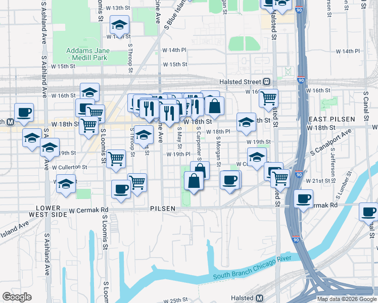 map of restaurants, bars, coffee shops, grocery stores, and more near 1120 West 19th Place in Chicago