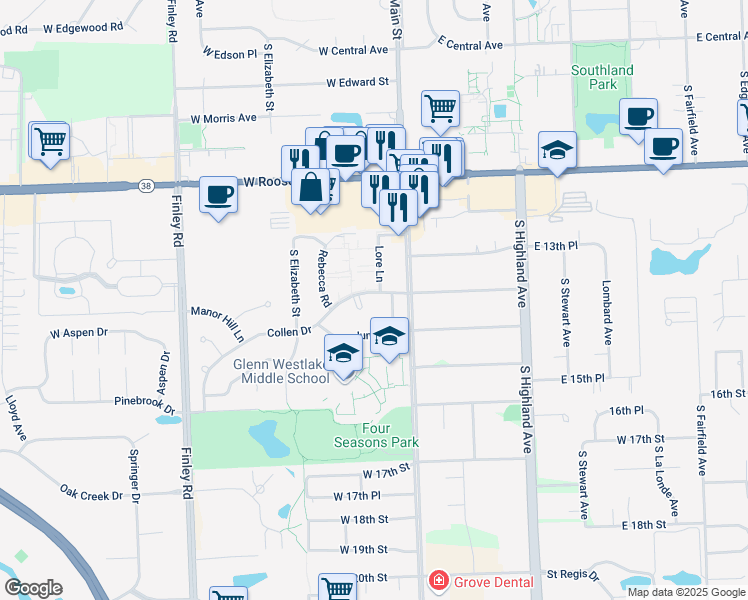 map of restaurants, bars, coffee shops, grocery stores, and more near 113 Collen Drive in Lombard