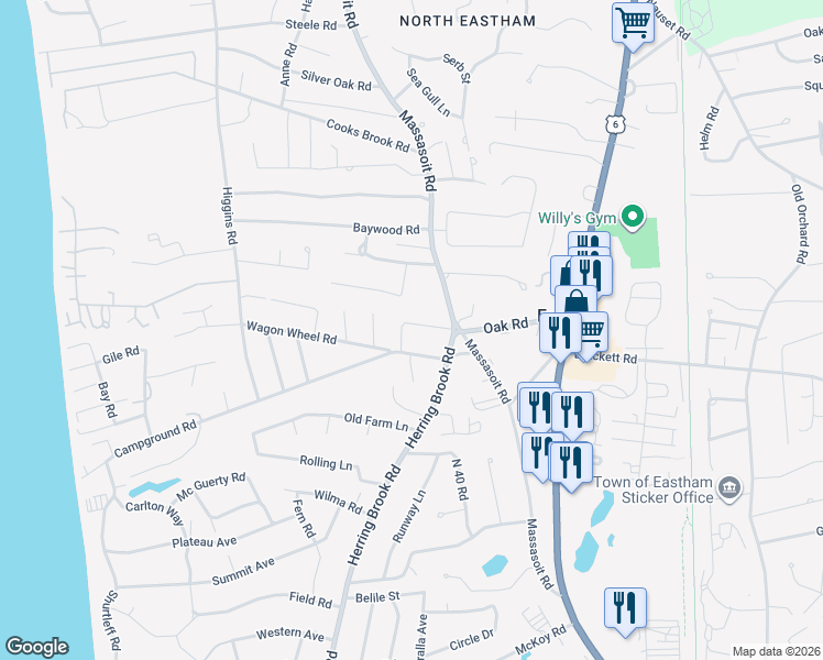 map of restaurants, bars, coffee shops, grocery stores, and more near 25 Millennium Lane in Eastham