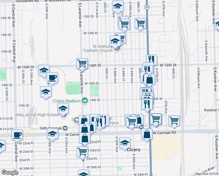 map of restaurants, bars, coffee shops, grocery stores, and more near 1815 50th Court in Cicero