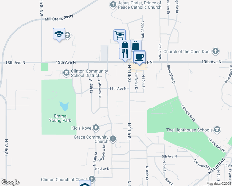map of restaurants, bars, coffee shops, grocery stores, and more near 1001 Sweet Briar Ln in Clinton