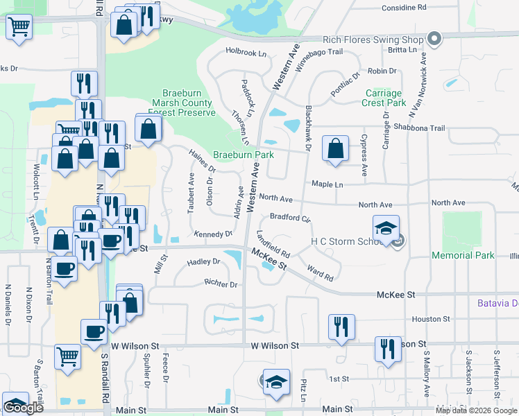 map of restaurants, bars, coffee shops, grocery stores, and more near 1249 Bradford Circle in Batavia