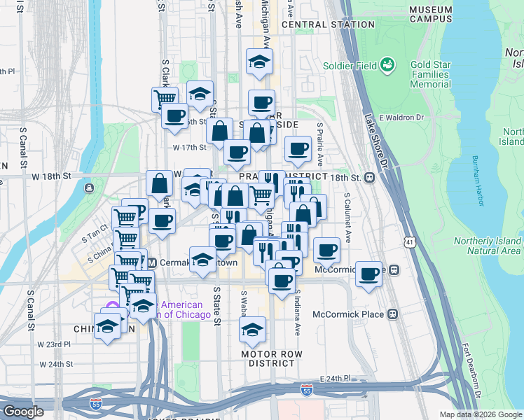 map of restaurants, bars, coffee shops, grocery stores, and more near 1925 South Michigan Avenue in Chicago