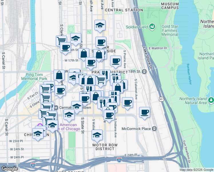 map of restaurants, bars, coffee shops, grocery stores, and more near 1919 South Michigan Avenue in Chicago