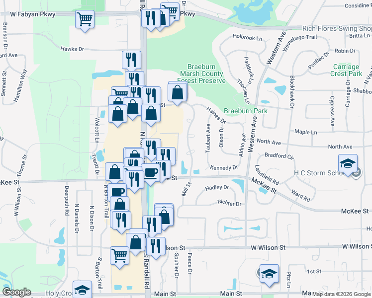 map of restaurants, bars, coffee shops, grocery stores, and more near 341 Mill Street in Batavia