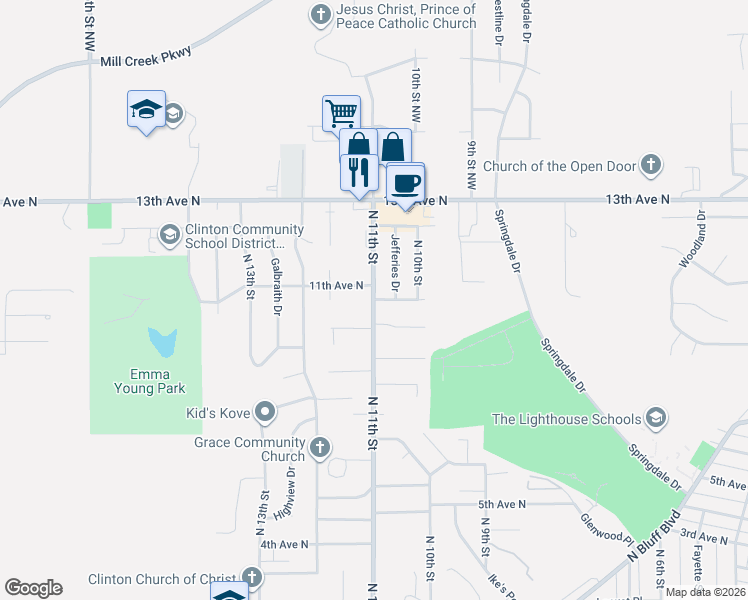 map of restaurants, bars, coffee shops, grocery stores, and more near 1098 N 11th St in Clinton