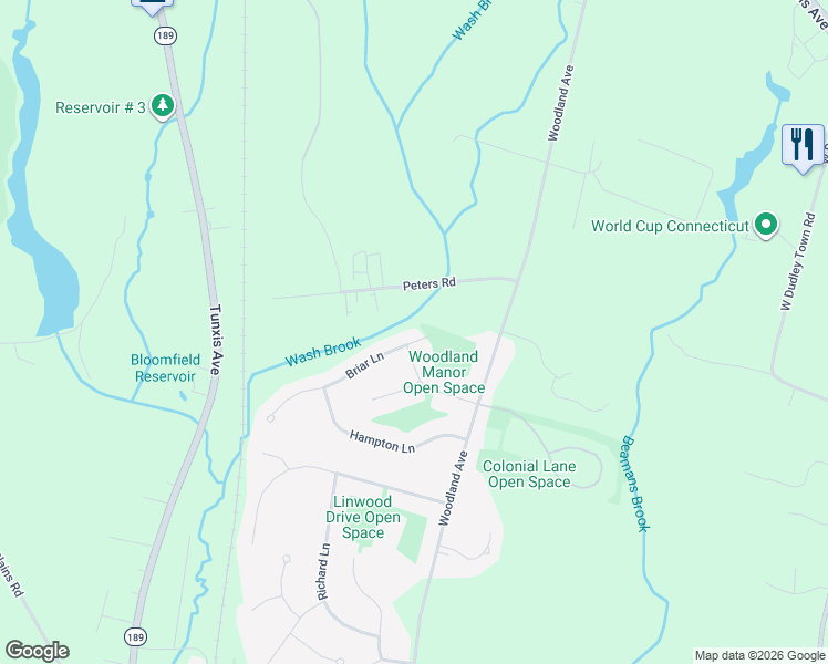 map of restaurants, bars, coffee shops, grocery stores, and more near 4 Briar Lane in Bloomfield