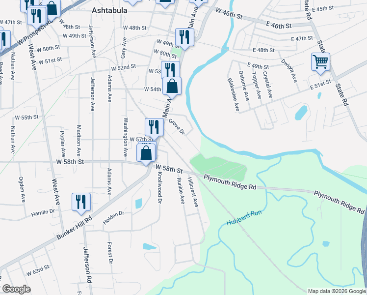 map of restaurants, bars, coffee shops, grocery stores, and more near 81 Ross Road in Ashtabula