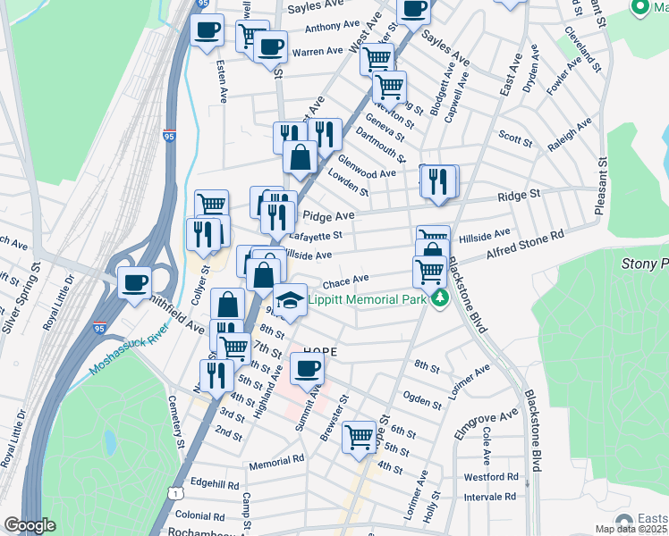 map of restaurants, bars, coffee shops, grocery stores, and more near 18 Chace Drive in Providence