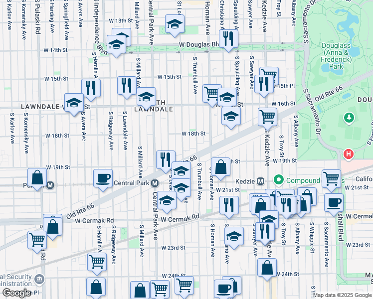 map of restaurants, bars, coffee shops, grocery stores, and more near 1833 South Saint Louis Avenue in Chicago