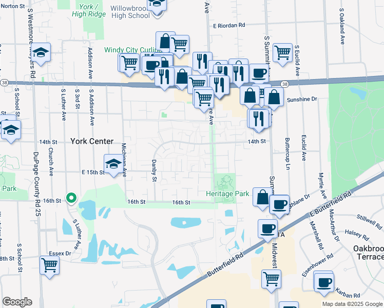 map of restaurants, bars, coffee shops, grocery stores, and more near 18W068 Standish Lane in Villa Park