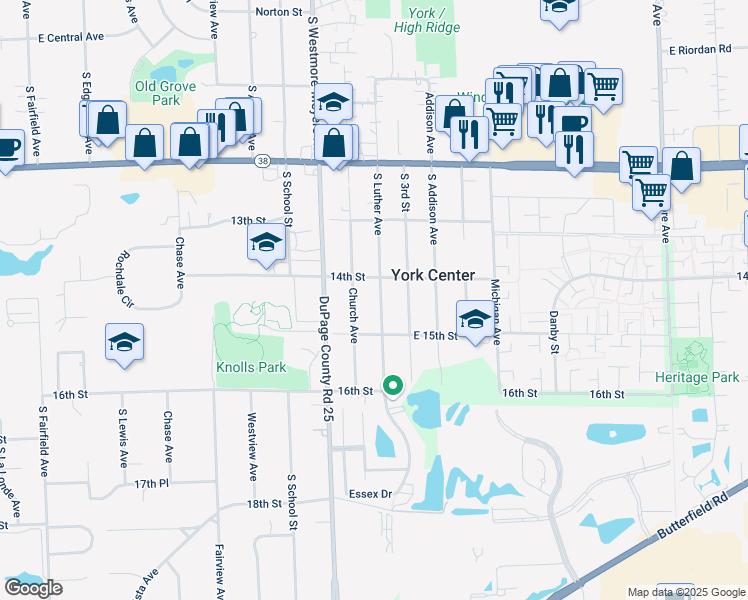 map of restaurants, bars, coffee shops, grocery stores, and more near 1410 South Luther Avenue in Lombard