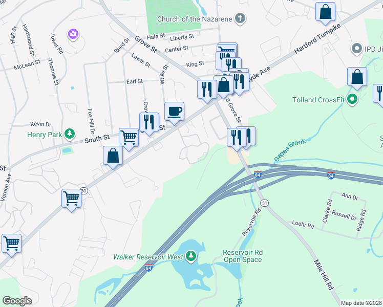 map of restaurants, bars, coffee shops, grocery stores, and more near 65 Green Road in Vernon