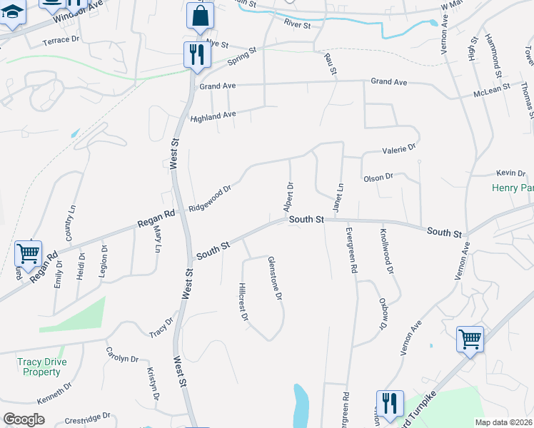 map of restaurants, bars, coffee shops, grocery stores, and more near 282 South Street in Vernon