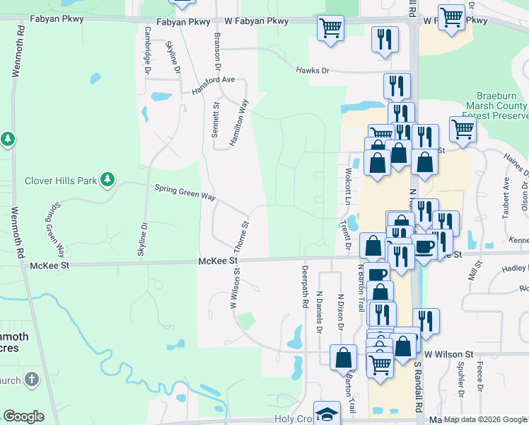 map of restaurants, bars, coffee shops, grocery stores, and more near 498 Thorne Street in Batavia