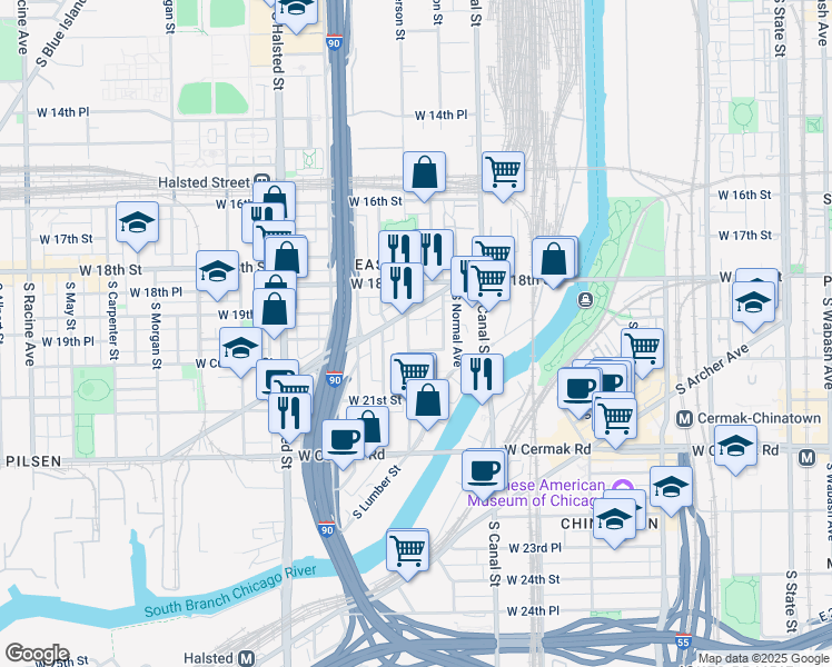 map of restaurants, bars, coffee shops, grocery stores, and more near 1921 South Jefferson Street in Chicago