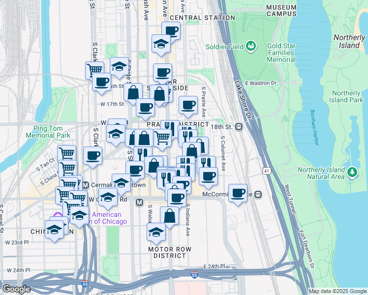 map of restaurants, bars, coffee shops, grocery stores, and more near 1910 South Indiana Avenue in Chicago