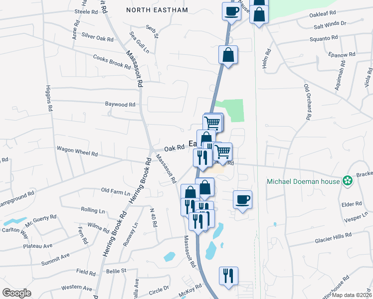 map of restaurants, bars, coffee shops, grocery stores, and more near 35 Oak Road in Eastham