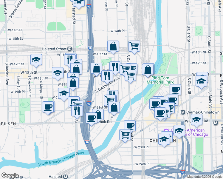 map of restaurants, bars, coffee shops, grocery stores, and more near 1924 South Jefferson Street in Chicago