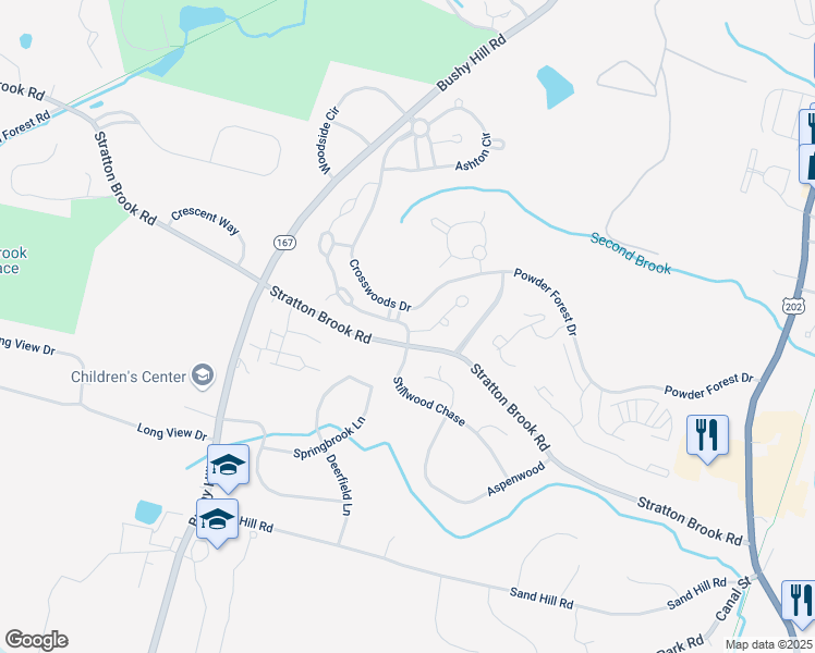 map of restaurants, bars, coffee shops, grocery stores, and more near 4 Carson Way in Simsbury