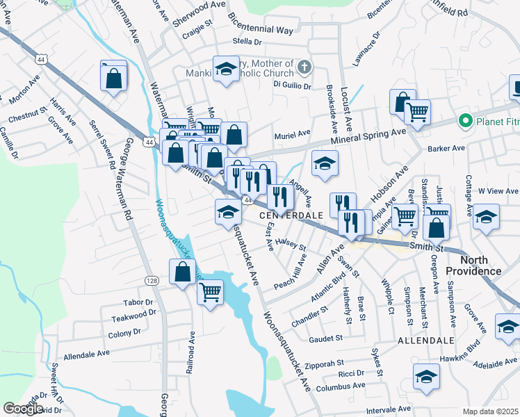 map of restaurants, bars, coffee shops, grocery stores, and more near 1934 Smith Street in North Providence
