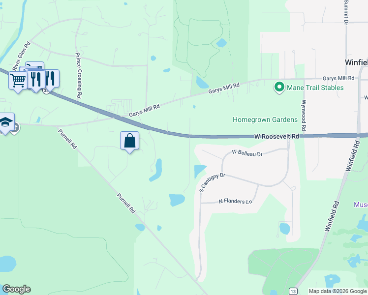 map of restaurants, bars, coffee shops, grocery stores, and more near 28W451 Roosevelt Road in Winfield
