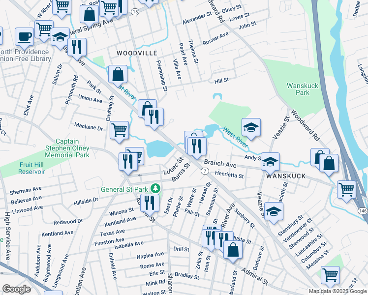 map of restaurants, bars, coffee shops, grocery stores, and more near 1081 Douglas Avenue in Providence