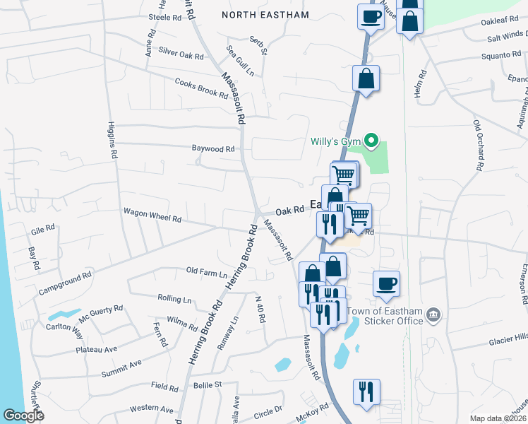 map of restaurants, bars, coffee shops, grocery stores, and more near 580 Massasoit Road in Eastham