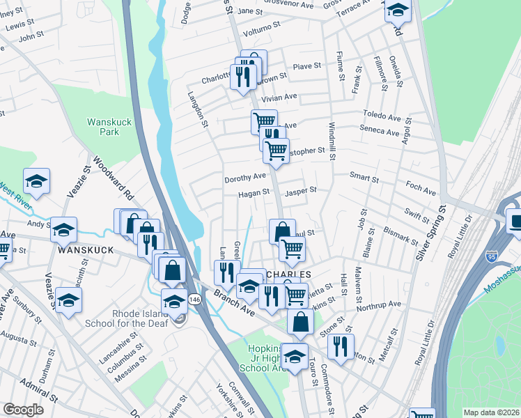 map of restaurants, bars, coffee shops, grocery stores, and more near 30 Hagan Street in Providence