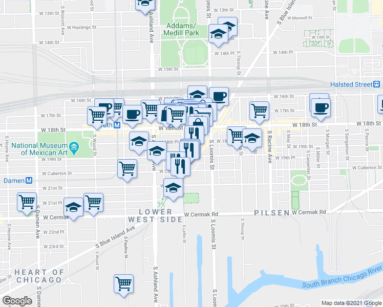 map of restaurants, bars, coffee shops, grocery stores, and more near 1900 South Blue Island Avenue in Chicago