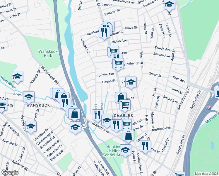 map of restaurants, bars, coffee shops, grocery stores, and more near 23 Mendon Street in Providence