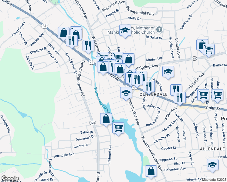 map of restaurants, bars, coffee shops, grocery stores, and more near 24 Grover Street in North Providence