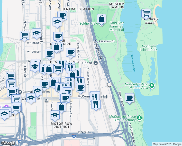 map of restaurants, bars, coffee shops, grocery stores, and more near 1843 South Calumet Avenue in Chicago