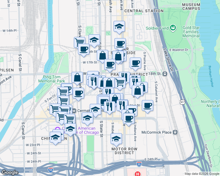 map of restaurants, bars, coffee shops, grocery stores, and more near 1918 South Wabash Avenue in Chicago
