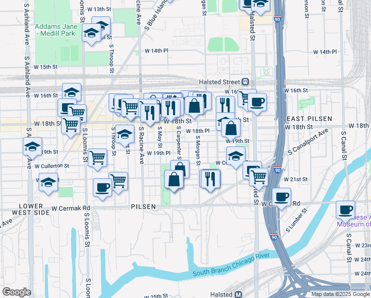 map of restaurants, bars, coffee shops, grocery stores, and more near in Chicago