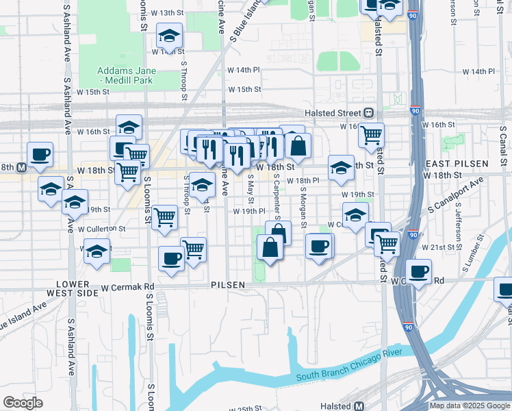 map of restaurants, bars, coffee shops, grocery stores, and more near 1120 West 19th Place in Chicago