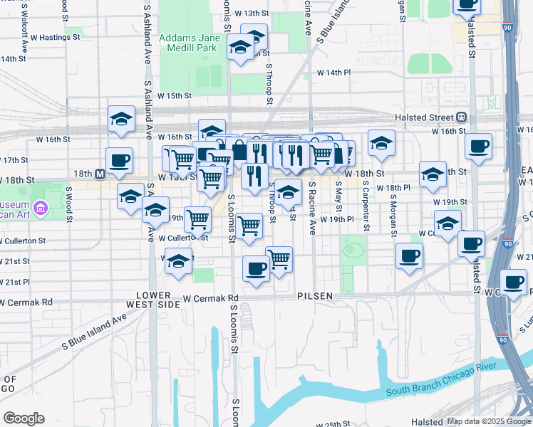 map of restaurants, bars, coffee shops, grocery stores, and more near 1901 South Throop Street in Chicago