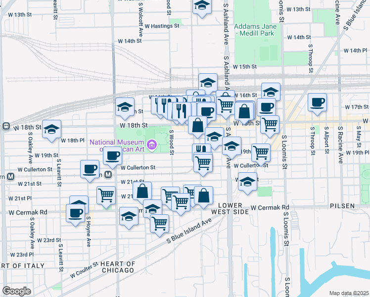 map of restaurants, bars, coffee shops, grocery stores, and more near 1748 West 19th Street in Chicago