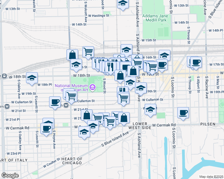map of restaurants, bars, coffee shops, grocery stores, and more near 1748 West 19th Street in Chicago