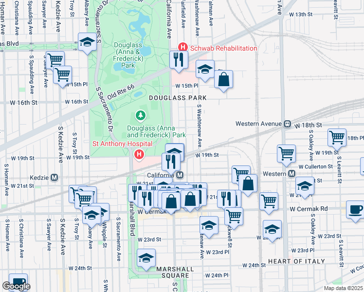 map of restaurants, bars, coffee shops, grocery stores, and more near 1840 South Fairfield Avenue in Chicago
