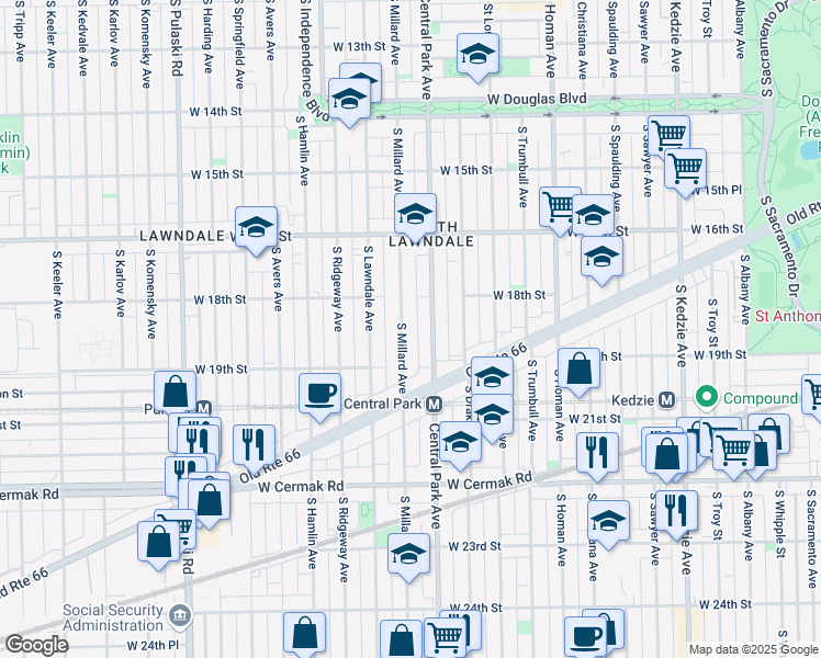 map of restaurants, bars, coffee shops, grocery stores, and more near 1836 South Central Park Avenue in Chicago